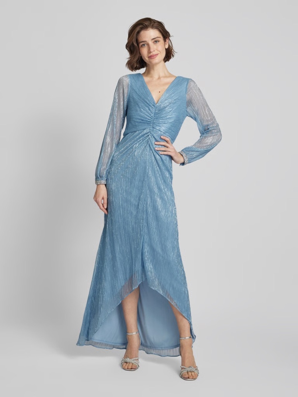 Adrianna Papell Size 6 Light Blue Metallic Long Sleeve Formal Gown NWT GALA MOB